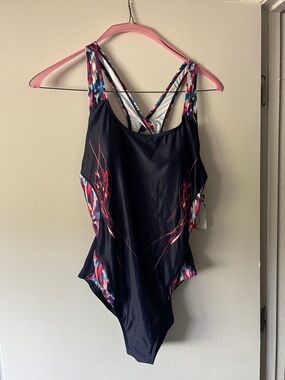 Navy One-Piece Swim Suit with Pink & Multicolor Accents